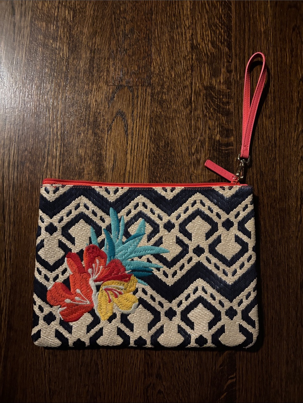 Vera Bradley Woven Floral Embroidered Wristlet Clutch - Navy & Coral